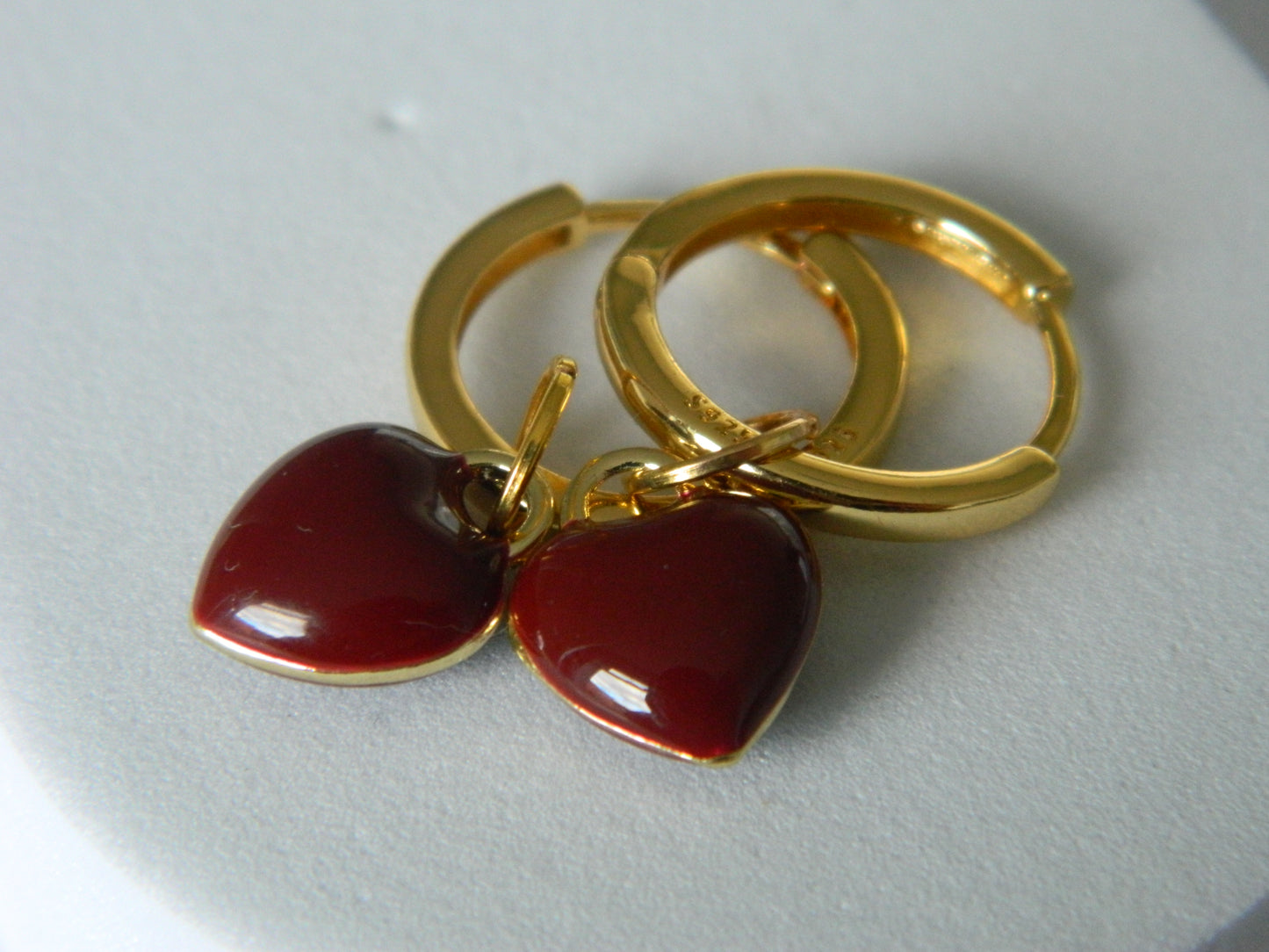 Dion Deep Red Enamel Heart Hoops.