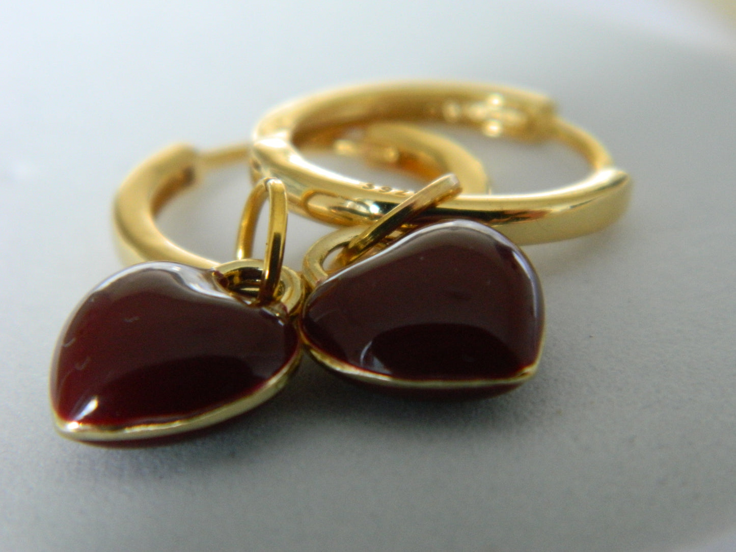 Dion Deep Red Enamel Heart Hoops.