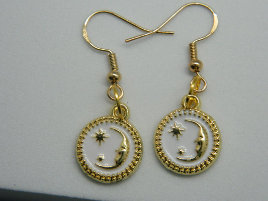 Maggie-Cream Enamel Moon Dangles-Gold.